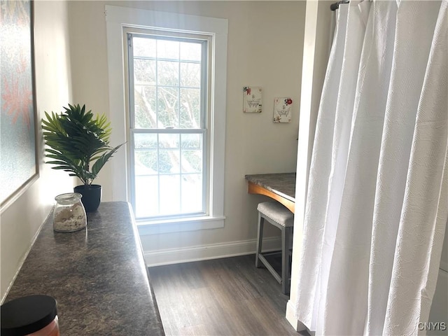 interior space with baseboards and dark wood-style flooring