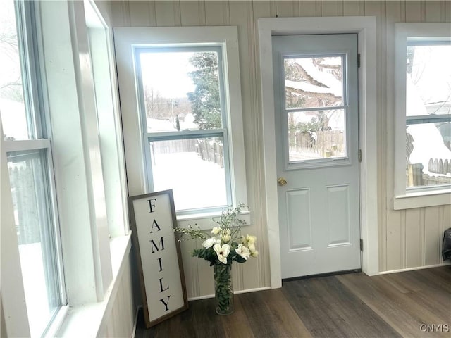 doorway featuring dark wood-type flooring