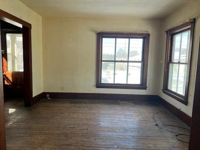 empty room with a wealth of natural light, dark wood finished floors, and baseboards