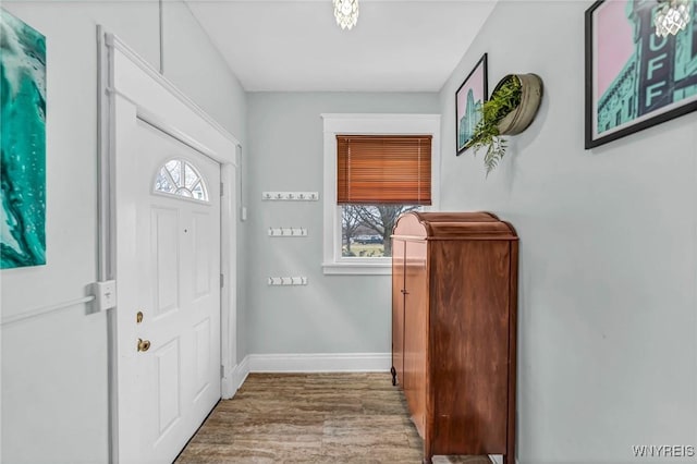 foyer with baseboards and wood finished floors