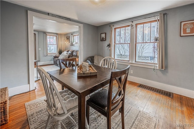 dining space featuring wood-type flooring, visible vents, and baseboards