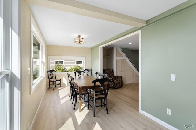 dining room with light wood-type flooring and baseboards