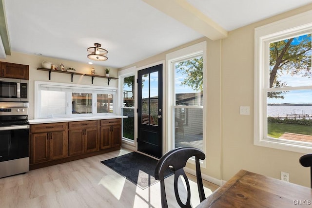 kitchen featuring light wood finished floors, plenty of natural light, appliances with stainless steel finishes, and light countertops