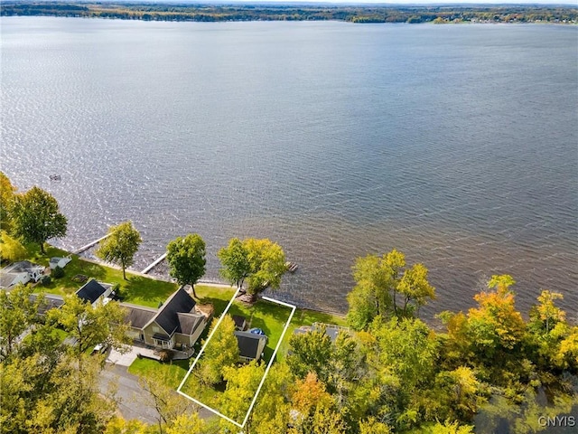 drone / aerial view featuring a water view