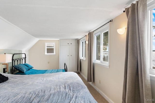 bedroom with carpet floors, lofted ceiling, and baseboards