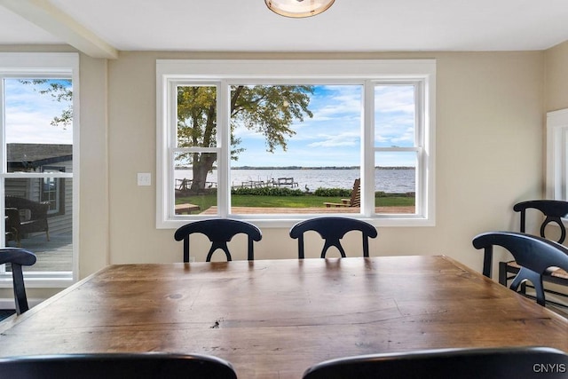 dining room featuring a water view and a wealth of natural light