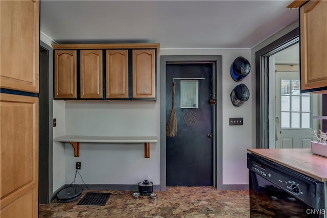 kitchen with black dishwasher and open shelves