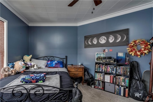 bedroom with carpet flooring and crown molding