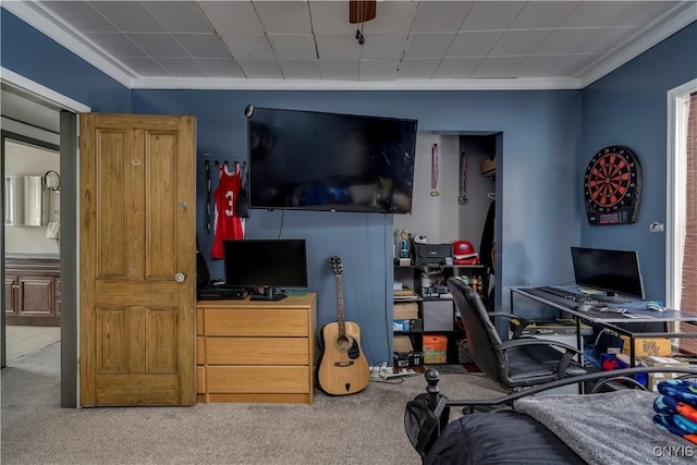 carpeted bedroom featuring ornamental molding