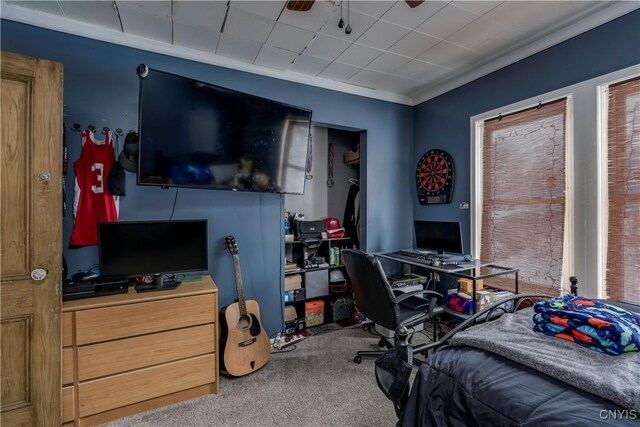 bedroom featuring carpet floors and crown molding