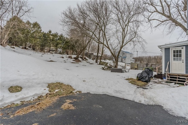 snowy yard featuring entry steps