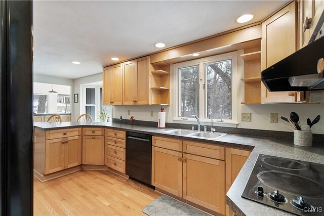 kitchen featuring open shelves, light brown cabinets, a sink, under cabinet range hood, and black appliances