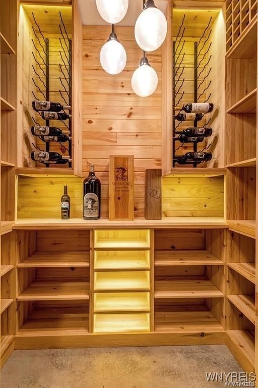 wine cellar featuring wood walls