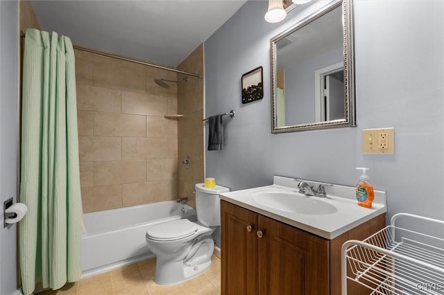 bathroom featuring vanity, shower / bath combination with curtain, toilet, and tile patterned floors