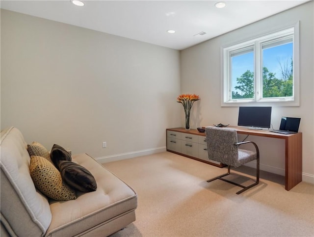 office area featuring recessed lighting, light colored carpet, visible vents, and baseboards