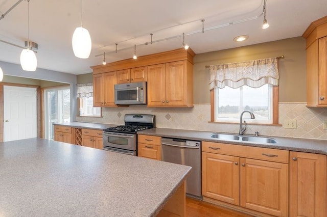 kitchen with a wealth of natural light, backsplash, appliances with stainless steel finishes, and a sink