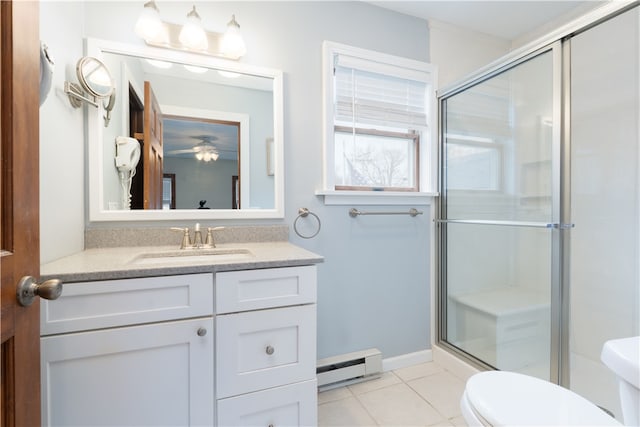 bathroom featuring tile patterned flooring, baseboard heating, a shower stall, and vanity