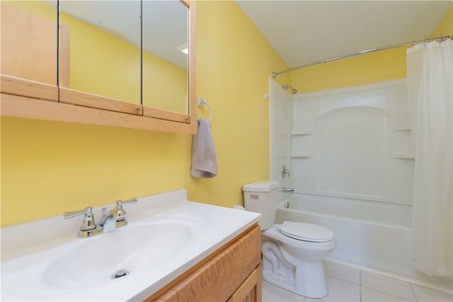 bathroom featuring shower / bath combo with shower curtain, toilet, vanity, and tile patterned flooring