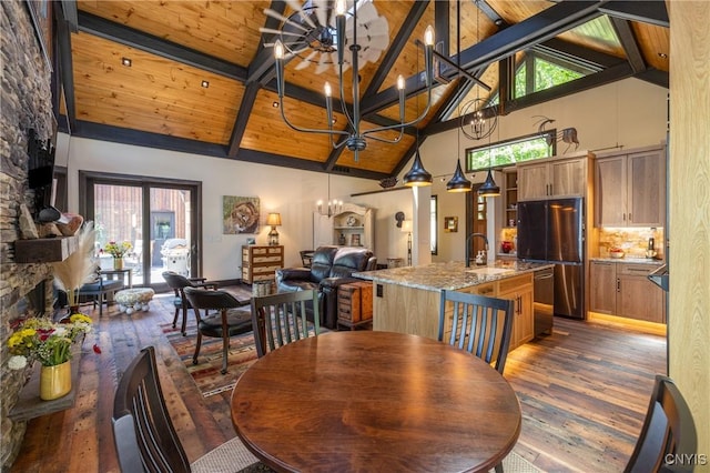 dining area featuring plenty of natural light, wooden ceiling, dark wood-style flooring, an inviting chandelier, and beam ceiling