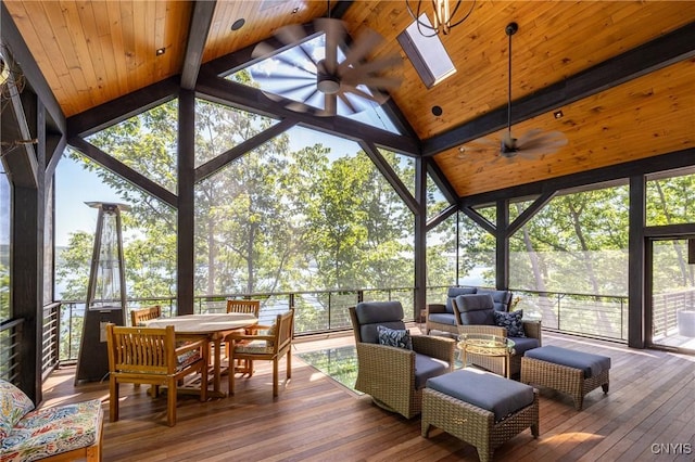 sunroom featuring ceiling fan, wooden ceiling, and lofted ceiling