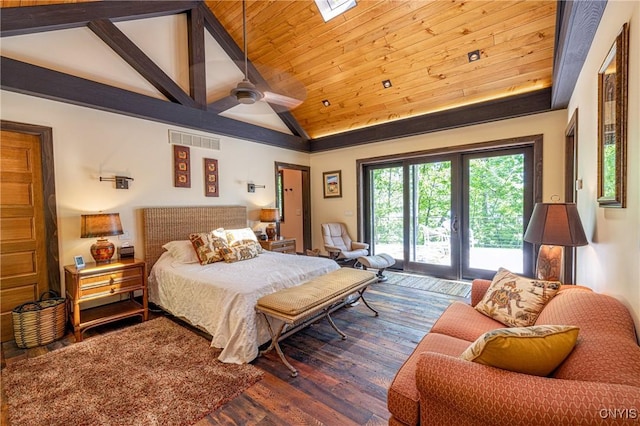 bedroom featuring access to exterior, visible vents, wood ceiling, wood finished floors, and high vaulted ceiling