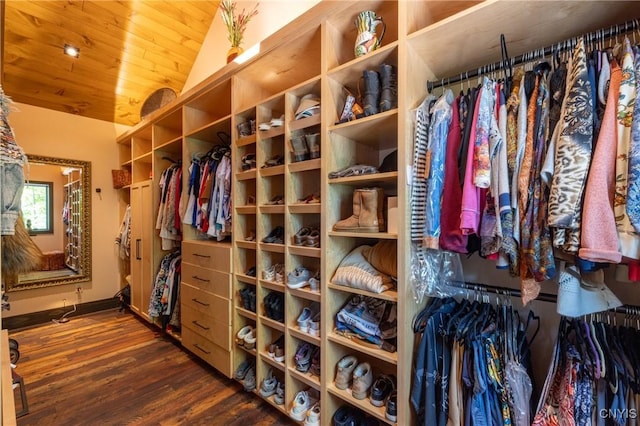 walk in closet featuring lofted ceiling and wood finished floors