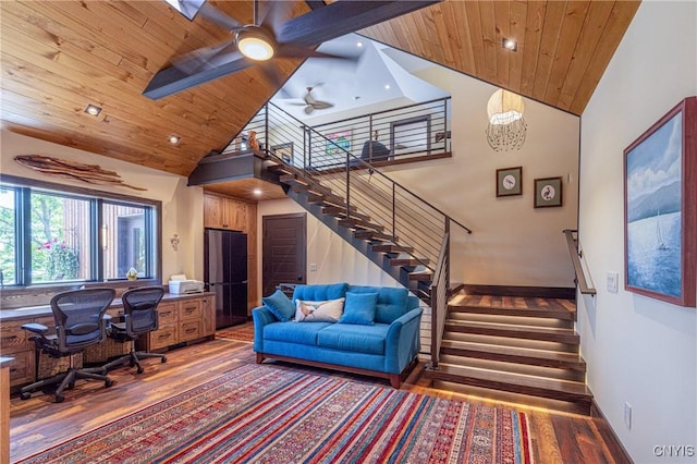 home office featuring baseboards, wood ceiling, wood finished floors, high vaulted ceiling, and recessed lighting