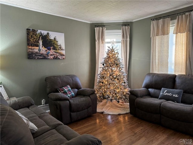 living area featuring ornamental molding and wood finished floors