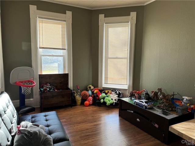 playroom featuring ornamental molding, wood finished floors, and a textured wall