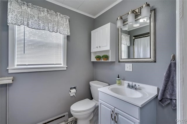 full bath with toilet, a baseboard heating unit, crown molding, and vanity