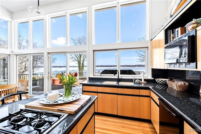 kitchen with backsplash, a high ceiling, light wood-style floors, a sink, and black appliances