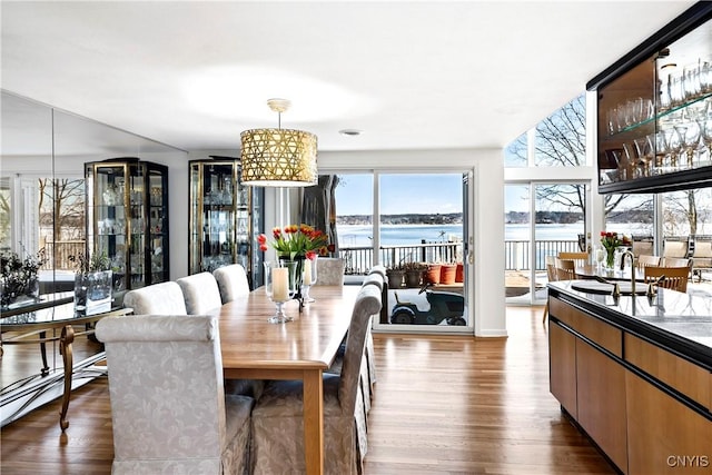 dining room featuring dark wood-style floors and a water view