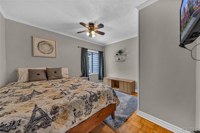 bedroom with a textured ceiling, baseboards, a ceiling fan, and crown molding