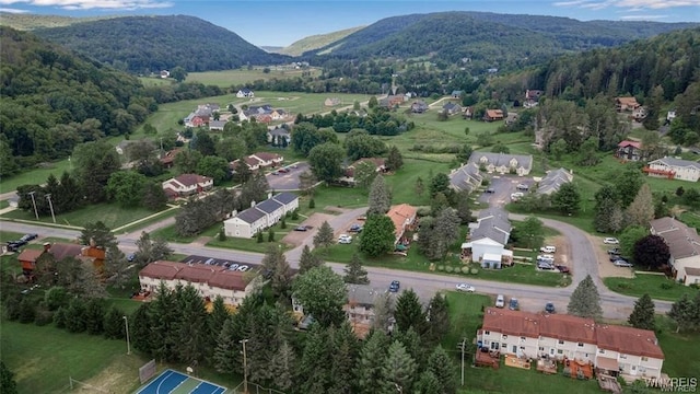 drone / aerial view featuring a mountain view and a view of trees