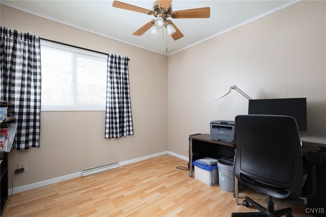 office space featuring visible vents, ornamental molding, ceiling fan, wood finished floors, and baseboards