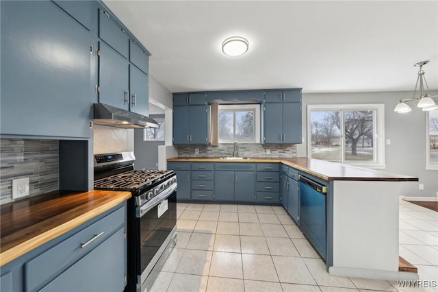 kitchen with dishwashing machine, gas range, a peninsula, under cabinet range hood, and a sink