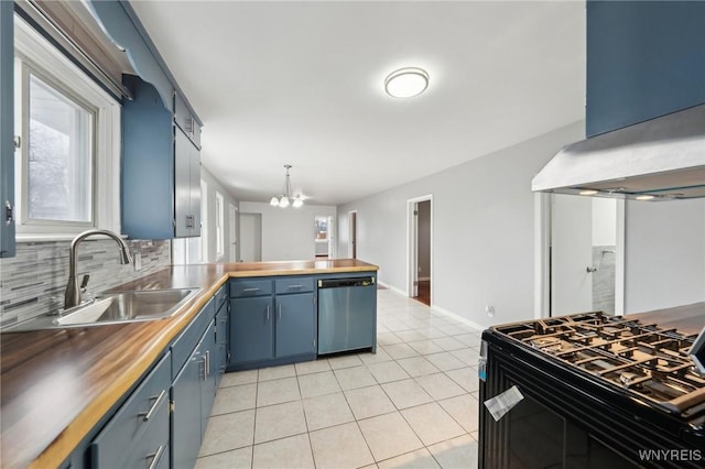 kitchen with a peninsula, a sink, black gas stove, dishwasher, and wall chimney exhaust hood