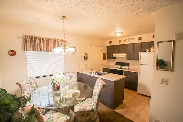 kitchen with white appliances, light countertops, dark brown cabinets, under cabinet range hood, and a sink