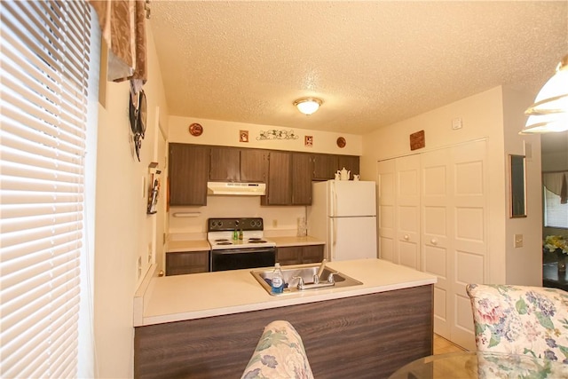 kitchen with light countertops, a sink, a peninsula, white appliances, and under cabinet range hood