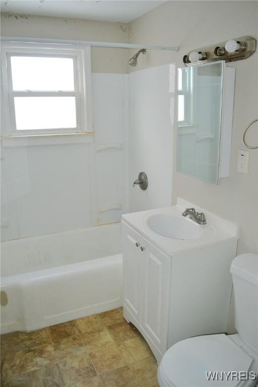 full bath featuring shower / tub combination, vanity, and toilet