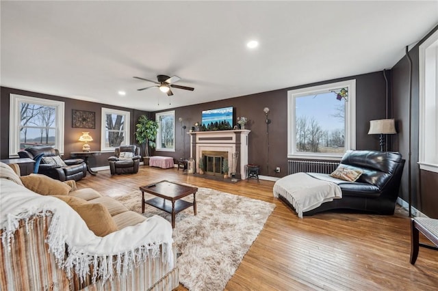 living room featuring a wealth of natural light, radiator heating unit, wood finished floors, and a glass covered fireplace