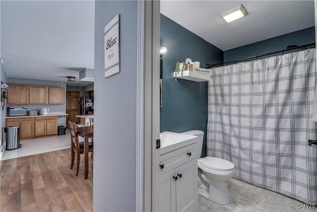 bathroom featuring toilet, curtained shower, and vanity