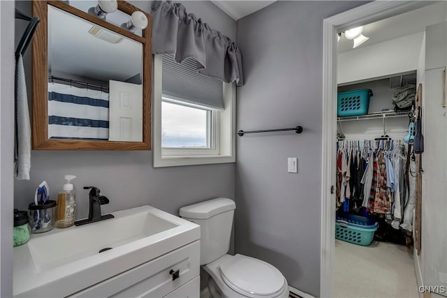 full bathroom featuring vanity, toilet, and a walk in closet