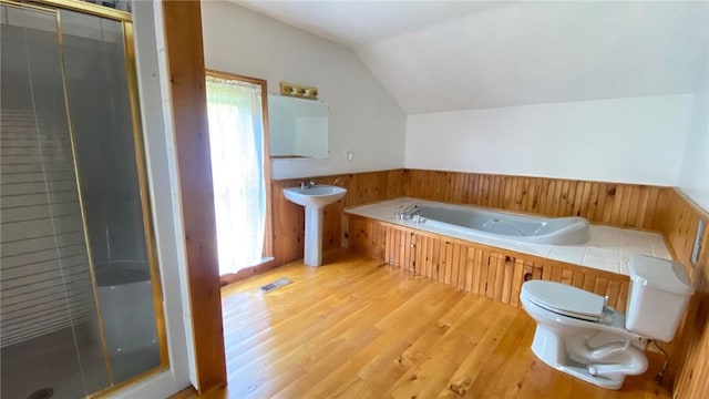 bathroom with wainscoting, lofted ceiling, wood finished floors, a shower stall, and a sink