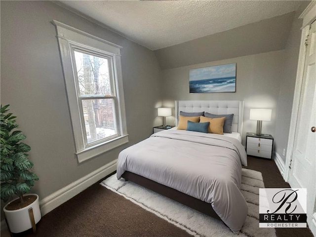 bedroom with lofted ceiling, carpet floors, baseboards, and a textured ceiling