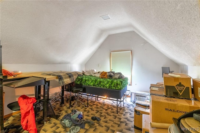 additional living space featuring lofted ceiling, a textured ceiling, and carpet flooring