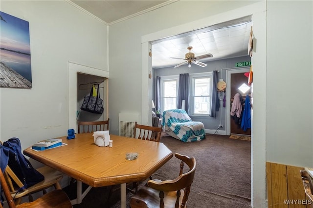 dining space with ceiling fan, ornamental molding, and carpet