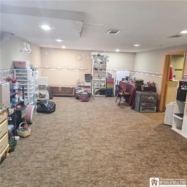 recreation room featuring carpet, visible vents, and recessed lighting