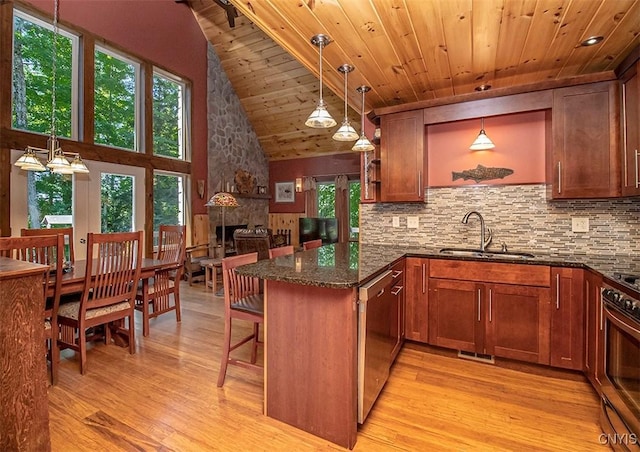 kitchen with tasteful backsplash, dark stone counters, wood ceiling, appliances with stainless steel finishes, and a sink