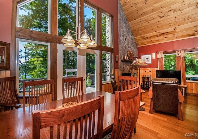 dining area with wooden ceiling, an inviting chandelier, high vaulted ceiling, and wood finished floors